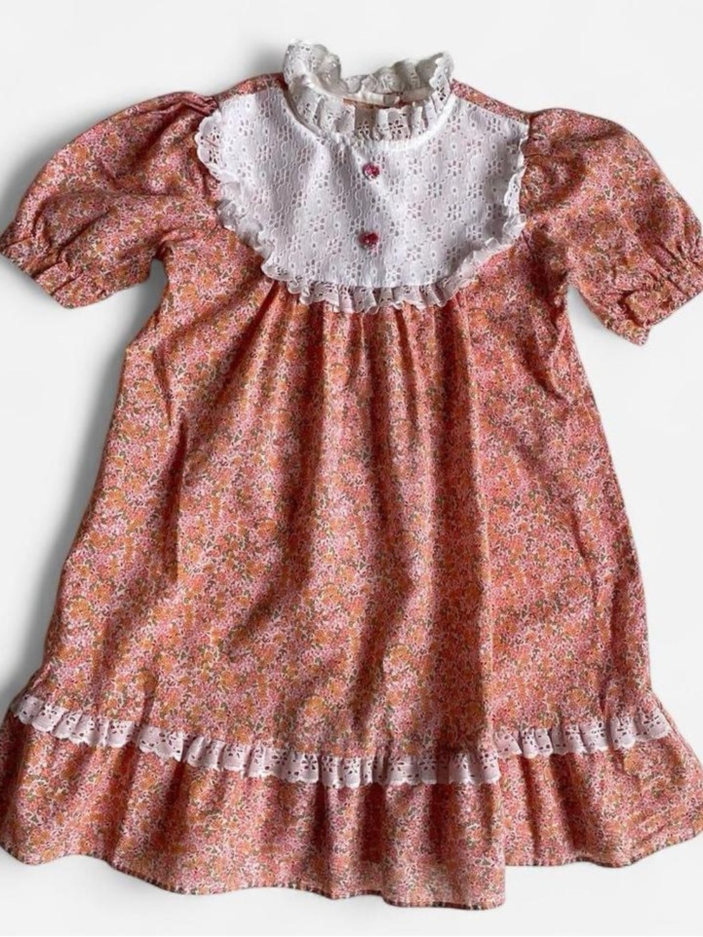 Vintage kids pink orange floral short sleeve prairie dress
